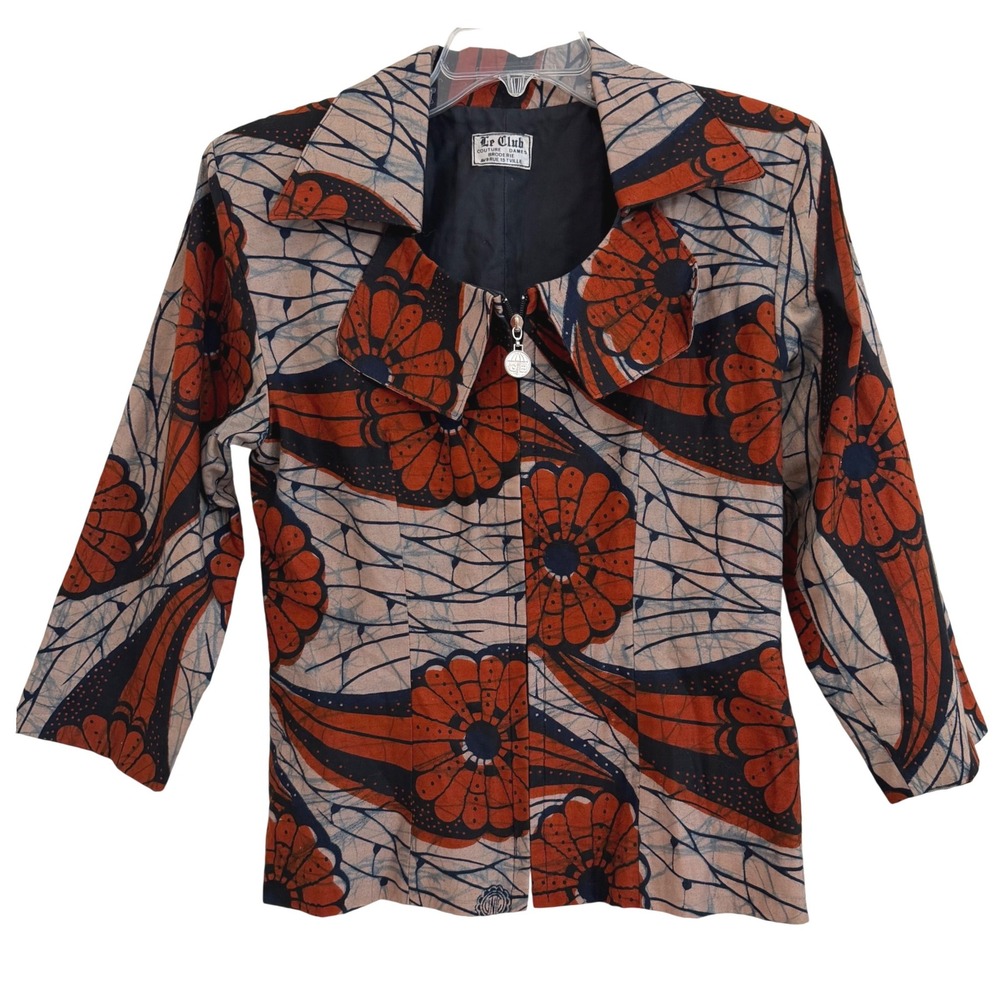 Le Club Couture Dames‎ African Wax Print Batik Zip Front Jacket Orange Navy NWOT